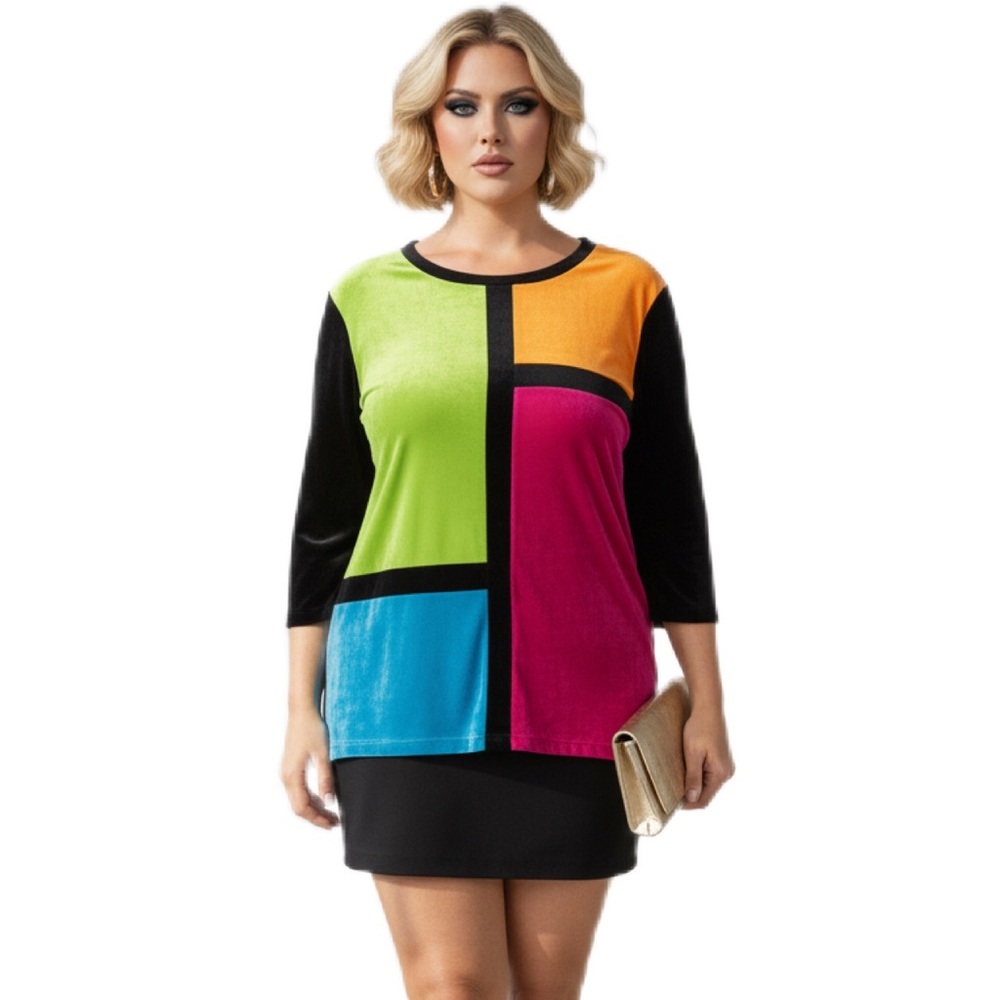 VINTAGE MOD 90’s Y2K Art Deco Geometric Color Blocking Multicolor 3/4 Sleeve Top - Picture 9 of 9